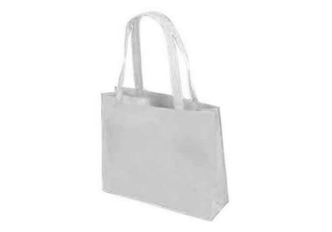 A white tote bag with two handles and a simple design. It features a logo on one side.