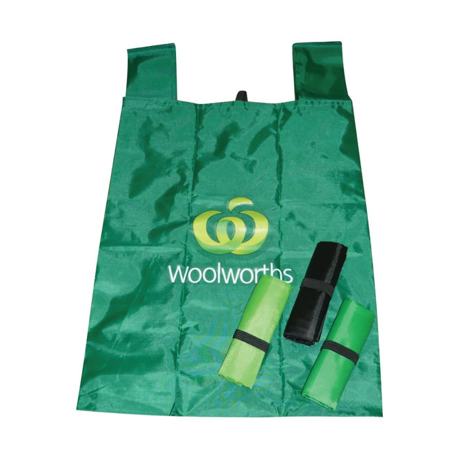 A green foldable reusable grocery bag with a gusset, featuring a logo and rolled-up versions in green and black.