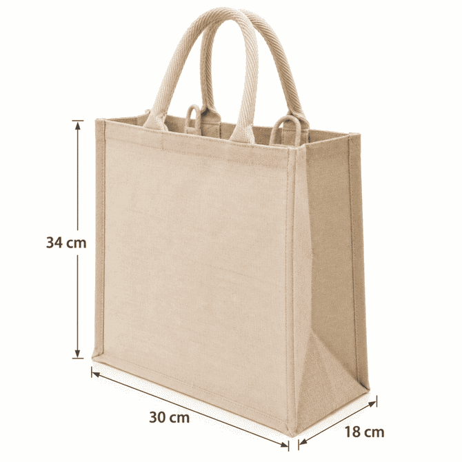 A large jute shopping bag in natural beige colour, featuring two rope handles and rectangular shape.