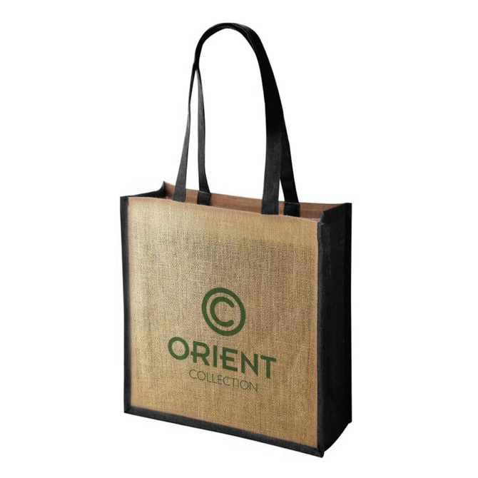 A large jute tote bag in natural and black, featuring long handles and a logo on the front.