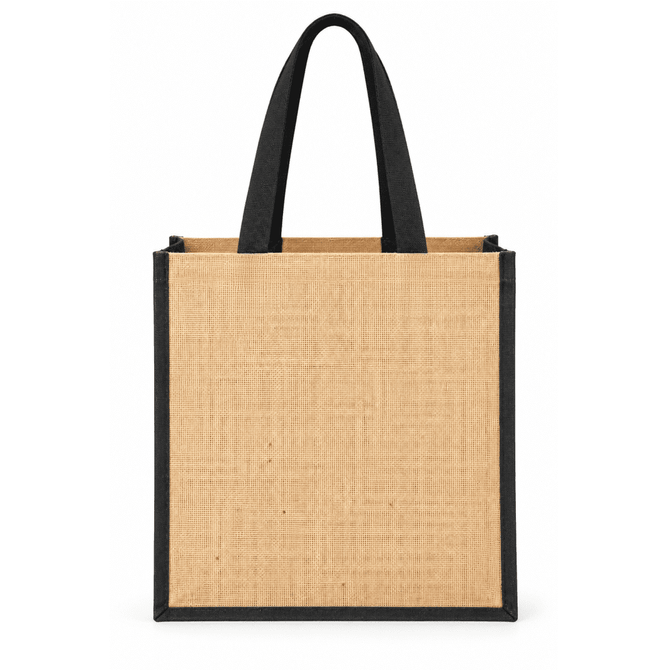 A large jute tote bag with a gusset, featuring a natural beige body and black handles. It has a logo on one side.
