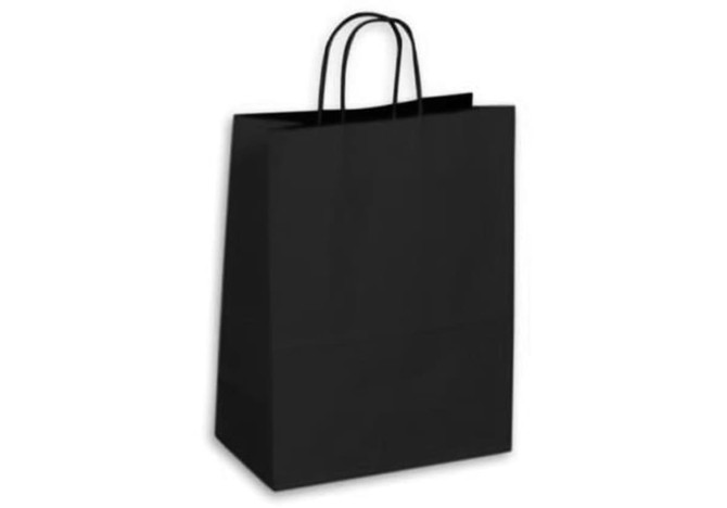A large black kraft paper bag with two handles and a plain design. It features a logo on one side.