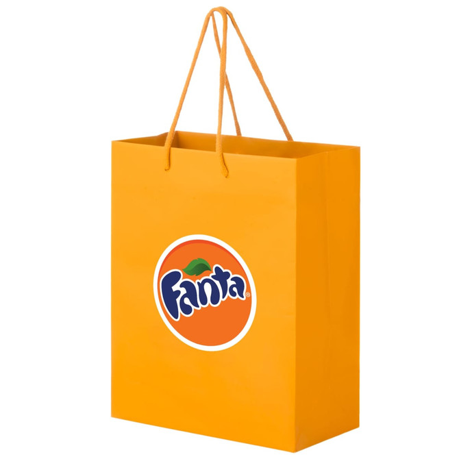 An orange laminated bag with handles and a logo on the front.