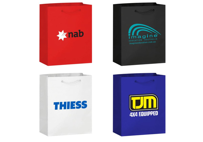 Medium full-coloured laminated bags in red, black, white, and blue, featuring various logos and branding.
