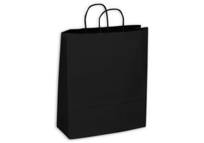 A medium black kraft paper bag with two handles and a rectangular shape.