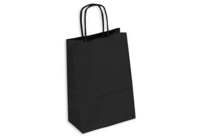 A black kraft paper bag with two handles and a rectangular design. It features a simple and smooth surface.