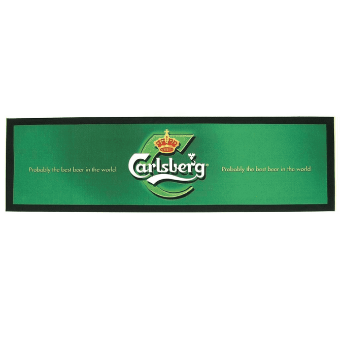 A green rubber bar mat with a logo, featuring a crown and text related to a beer brand.