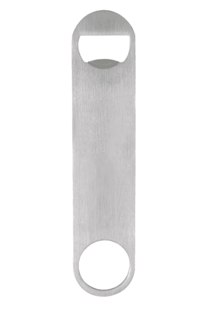 A sleek stainless steel paddle-style bottle opener with a circular handle and an integrated opener, featuring a branding logo.
