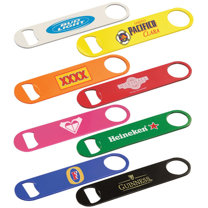 A drink bottle opener set featuring various colours: white, orange, pink, green, red, black, and yellow with logos.