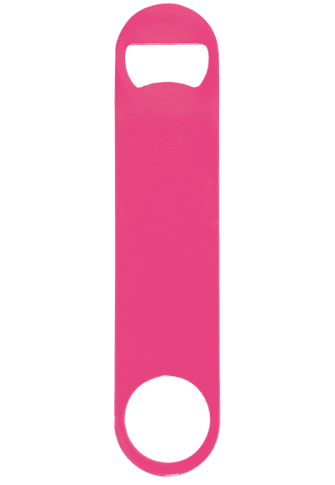 A drink bottle opener in a bright pink powder-coated steel design, featuring a handle and a circular opening.