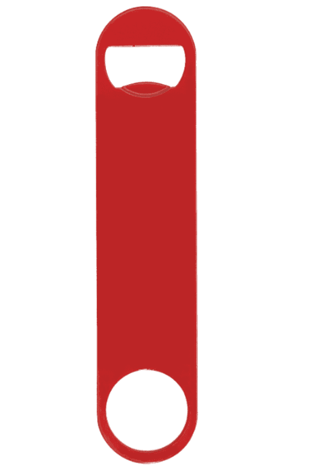 A red paddle-style powder-coated steel bottle opener with a logo, featuring a simple and sleek design.
