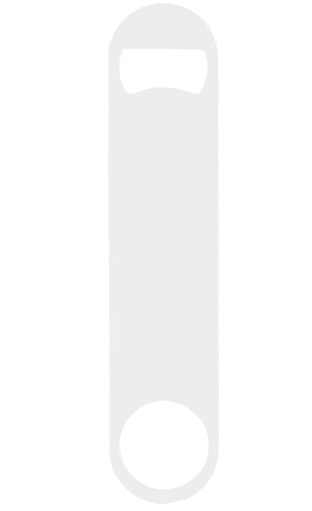A powder-coated steel bottle opener in white, featuring a simple, streamlined design and a logo.