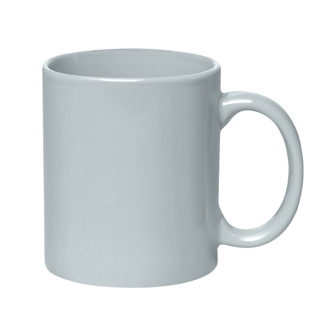 A 325ml light grey stoneware mug with a C-handle, featuring a smooth finish and a logo.