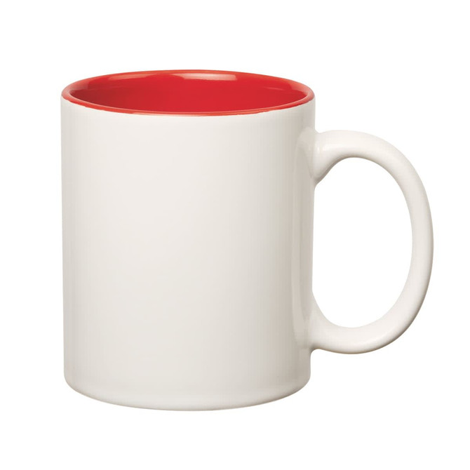 A coloured stoneware mug featuring a white exterior and a red inner, with a C-handle.