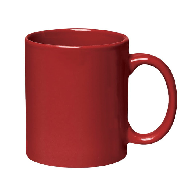 A red stoneware mug with a C-handle, designed for coffee or other beverages. It has a glossy finish and a simple shape.