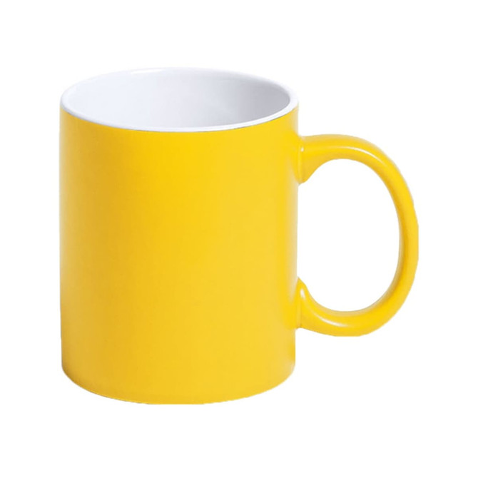 A yellow coffee mug with a white interior and a handle, featuring a logo.