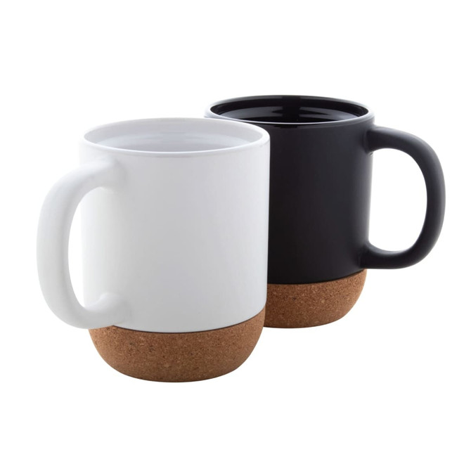 A pair of classic mugs in white and black, each featuring a cork base. Both have handles and a sleek design.