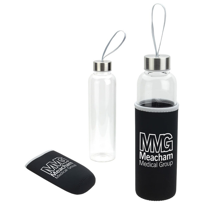 A drink bottle featuring a clear glass body and a black neoprene sleeve, with a stainless steel lid and a logo.