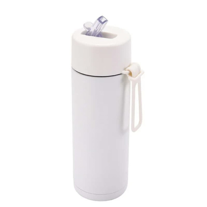 A drink bottle featuring a white stainless steel body and a silicone handle with a straw cap.
