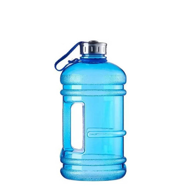 A blue 2.2 litre gym bottle with a handle and a metallic lid, featuring a logo on the side.