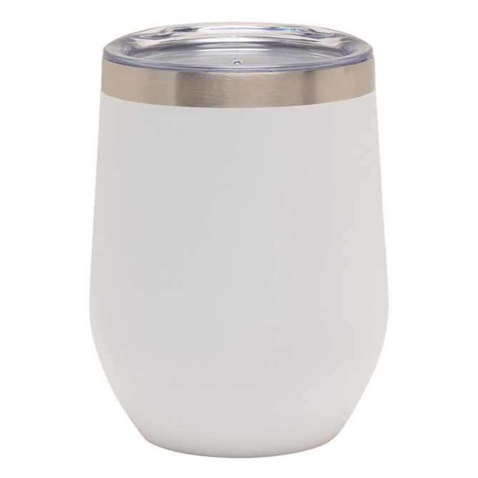 A drink bottle in a sleek white finish with a stainless steel lid, featuring a logo.