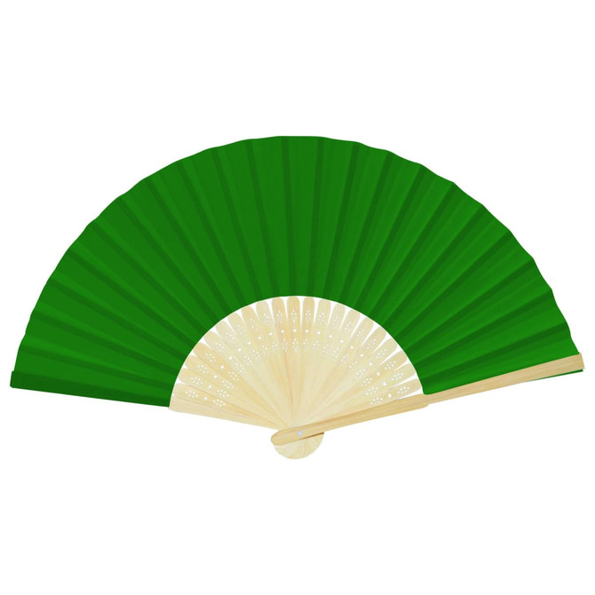 A foldable fan featuring a vibrant green fabric, with a wooden base and intricate detailing on the ribs.
