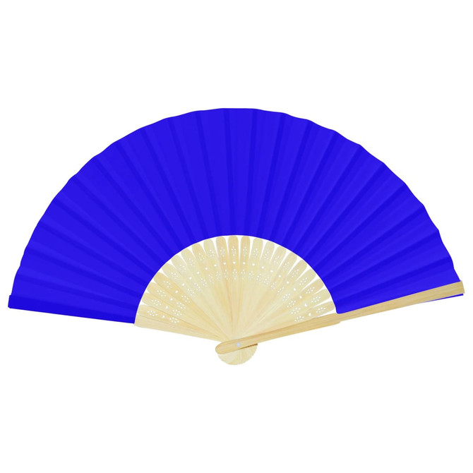 A blue foldable fan with a light wood handle and intricate cut-out details.