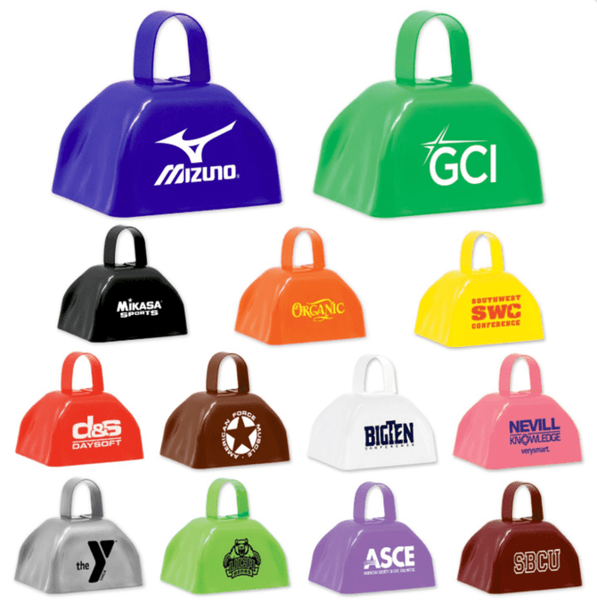 A variety of brightly coloured cowbells in different shapes with attached handles, featuring multiple logos.