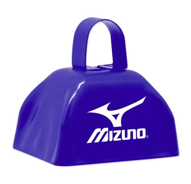 A blue cow bell with a handle, featuring a logo on one side. Suitable for various events and promotions.