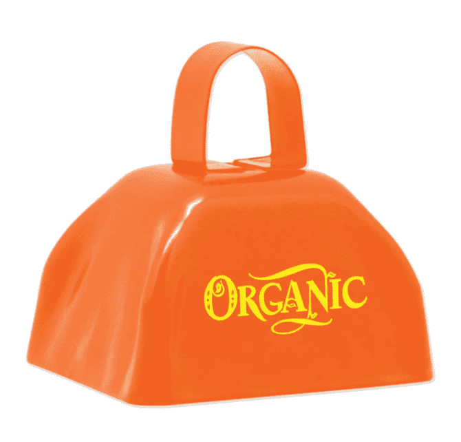An orange classic cowbell with a handle, featuring a logo on the front.