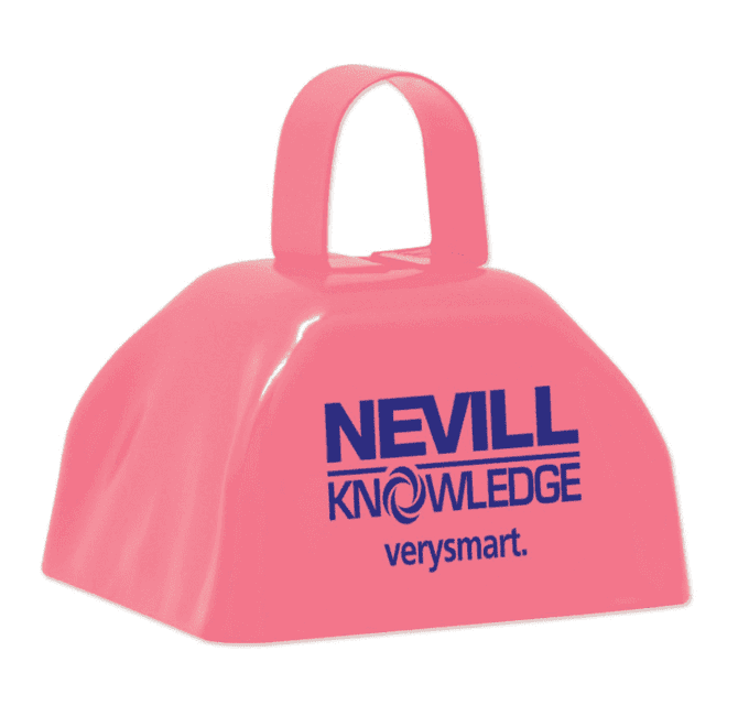 A pink classic cow bell with a handle and a logo printed on the front.