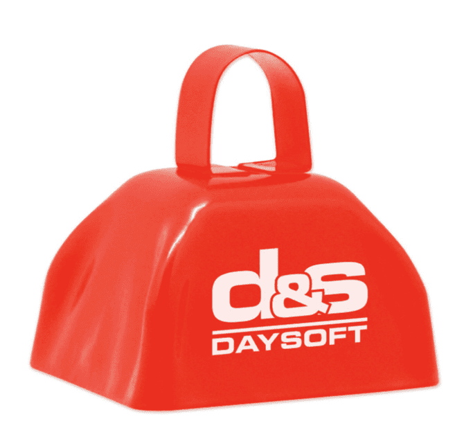 A classic red cowbell with a handle, featuring a logo on the front. Ideal for various events.