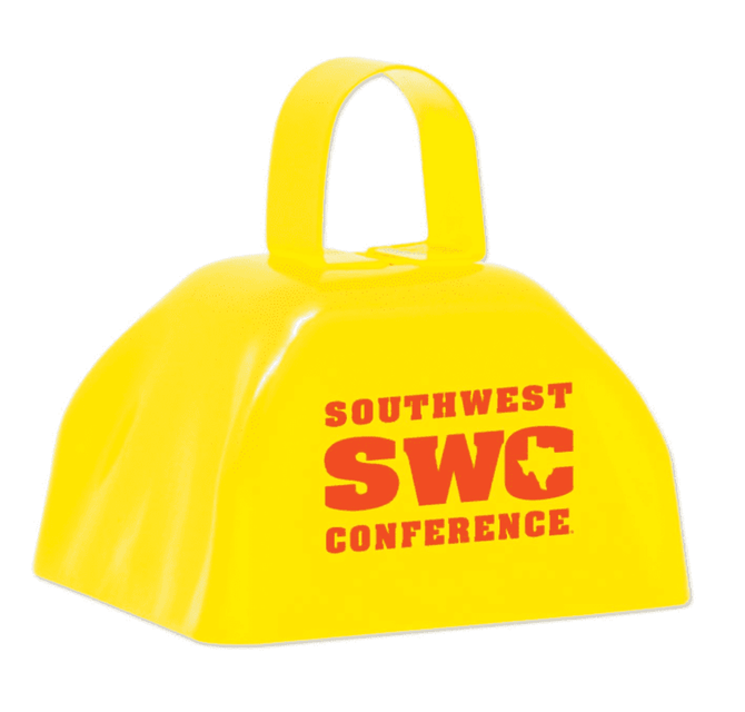 A yellow cowbell with a handle, featuring a logo. Ideal for events and exhibitions.