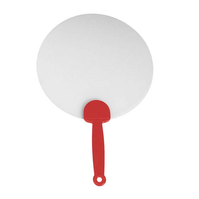 A round plastic hand fan with a white body and red handle, featuring a simple design and a logo.