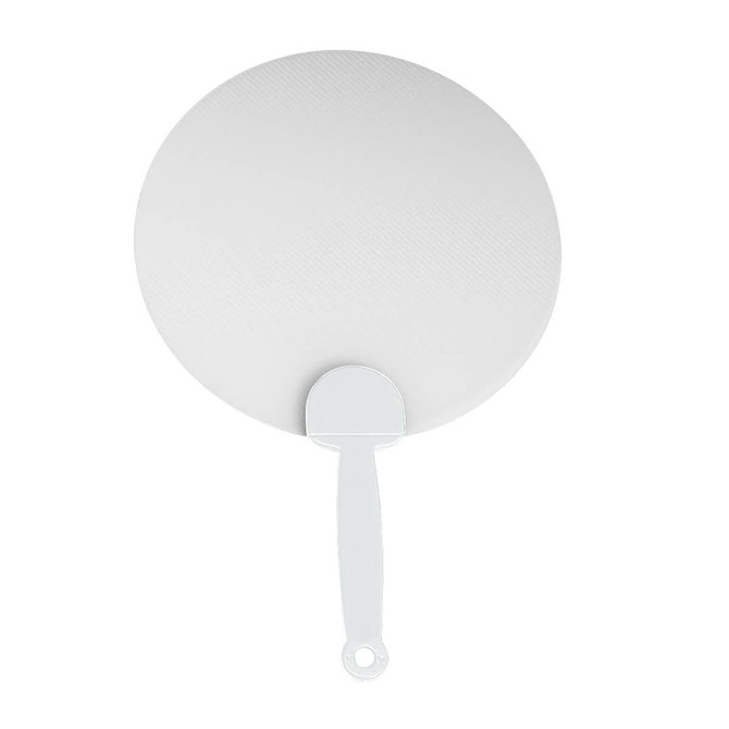 A white plastic hand fan with a textured circular surface and a flat handle. It features a small logo.