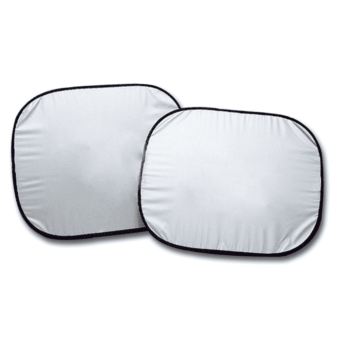 A pair of rectangular car sunshades in white with black trim, designed to block sunlight through side windows.