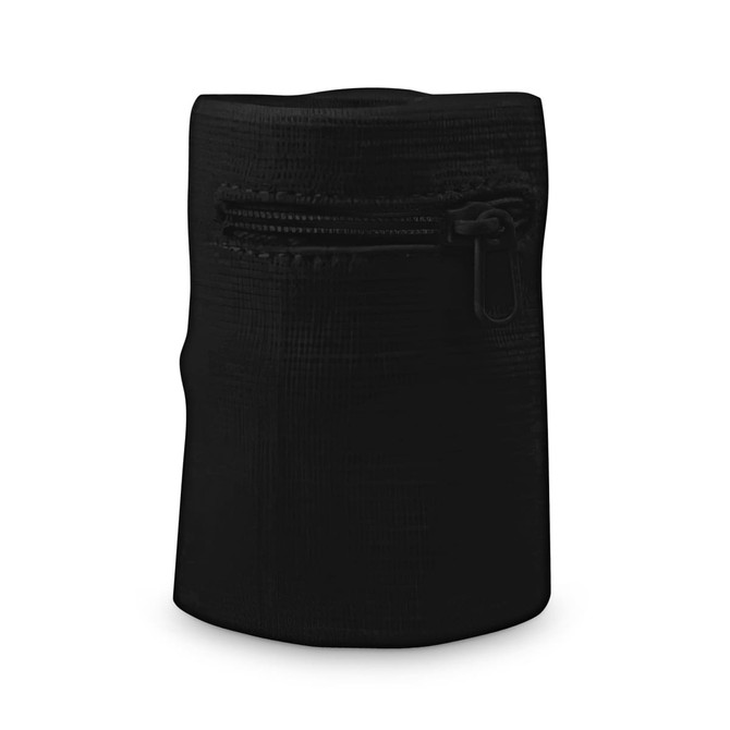 A black sweat band with a zipper, featuring a textured surface and a discreet design.