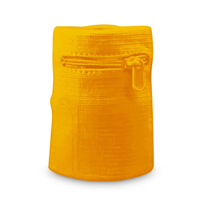 A yellow sweat band with a zipper, featuring a textured surface. It includes a small zippered compartment.