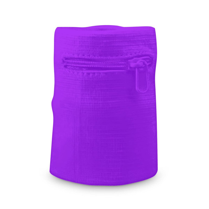 A purple sweat band with a zipper, designed as headwear. The product features a sleek, compact design.