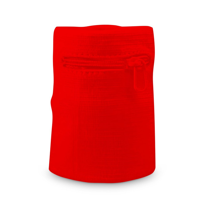 A red sweat band with a zipper, designed for headwear, featuring a textured surface and a discreet logo.