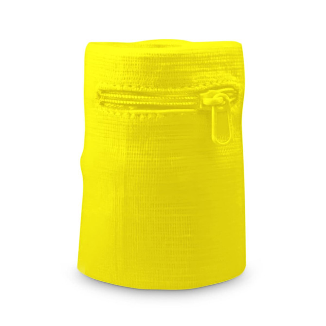 A bright yellow sweat band with a zipper, featuring a textured surface and a compact design.