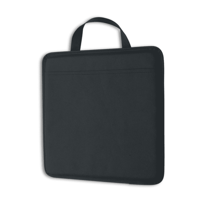 A black padded nylon stadium cushion featuring a handle and a simple, sleek design.