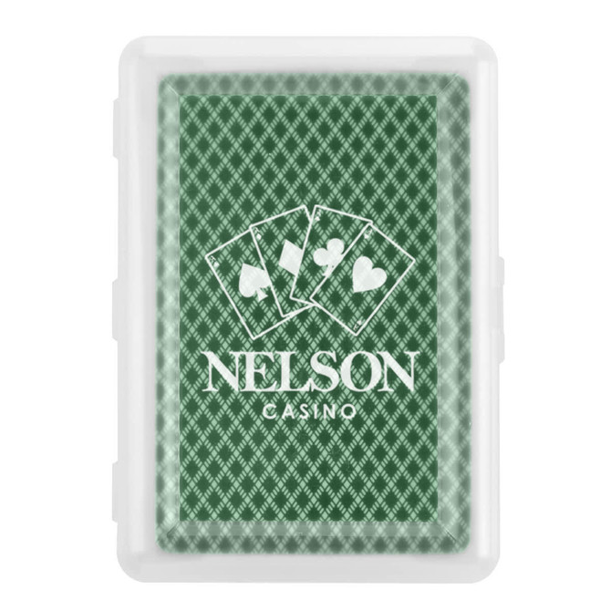 A green playing card deck in a clear case, featuring a logo and card design on the front.