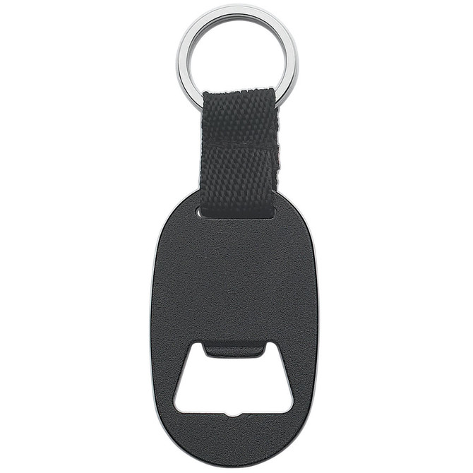 A drink bottle opener keyring in black with a metallic keyring attachment and a textured grip.