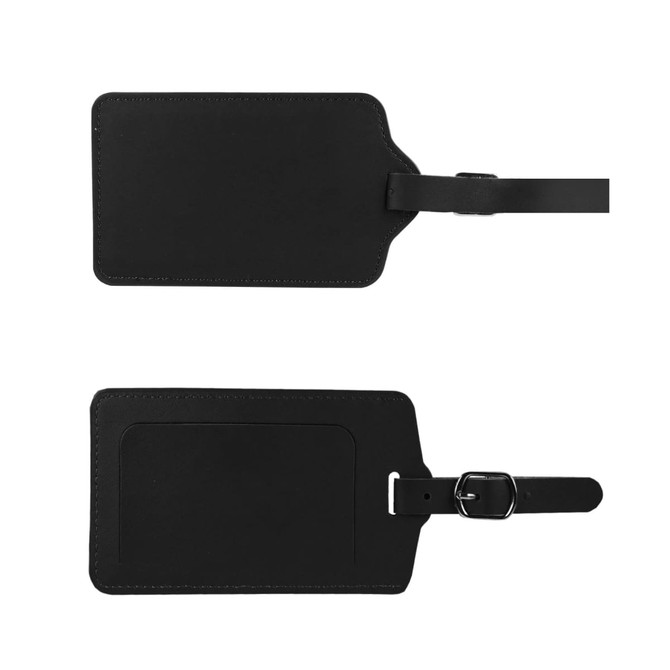 A black PU leather luggage tag featuring a simple design with a buckle strap and a slot for identification.