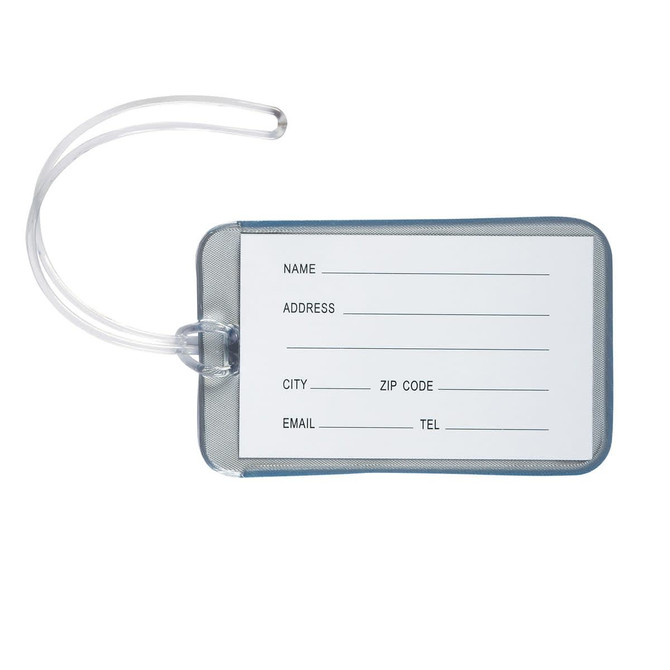 A grey luggage tag with a clear sleeve for information, featuring lines for name, address, city, zip code, email, and telephone.