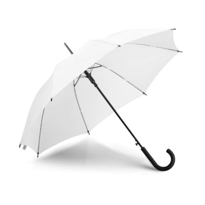 A white umbrella with a black handle and a sleek design, featuring a logo on the canopy. 