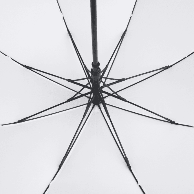 An open black umbrella viewed from underneath, showcasing the ribs and framework.