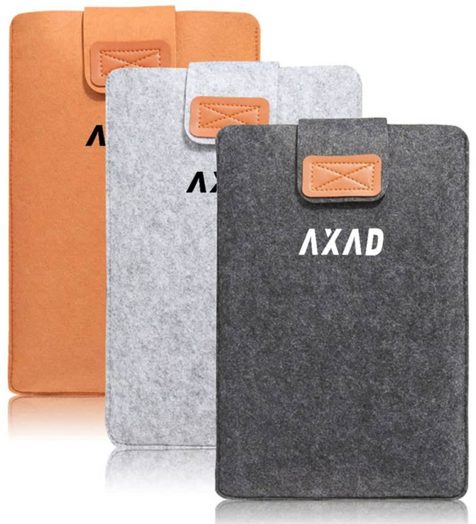 A trio of portable laptop sleeve cases in orange, grey, and dark grey, featuring a logo on the front.