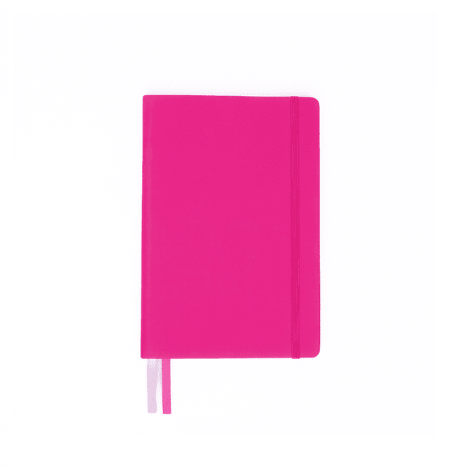 A pink A5 notebook featuring an elastic strap and ribbon bookmark, with a simple design and a small logo.